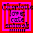 A pixelated image with pink and red borders displaying text about Charlotte loving cats, spinning, and a of small shapes