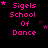 Pixelated pink text 'Sigels School Of Dance' on black background with scattered purple stars, arranged in a