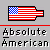 Pixelated American flag icon with red and white stripes, blue checkered canton, and black border, positioned above pixelated text reading "Absolute American" on gray background.