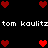 Pixelated red hearts and repeated white text "tom kaulitz" on a black background, with heart arrangements changing across frames.