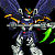 Pixelated robot with blue and silver armor, yellow accents, green energy blades on both sides, red eyes, and a golden head crest against black background.