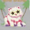A white cat with pink and purple stripes sits under palm trees, its eyes replaced by black stars.