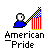 Pixel art of a blue-shirted figure holding an American flag, with text below reading "American Pride" on gray background.