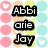 Pixelated text 'Abbi', 'arie', and 'Jay' in black outlines with white fill, surrounded by pink circles and light blue circles on a white background.