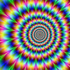 A static circular kaleidoscopic pattern with radiating bands of bright colors including blue, green, yellow, pink, and purple, forming a symmetrical tunnel effect.
