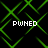 Green pixelated lines form a shifting pattern over black background with four instances of the text 'PWNED' in white block letters