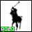 Pixelated black silhouette of a polo player on horseback with raised mallet, green 'POLO' text on left, pink 'POLO' text on right.