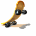 Animated sequence of a brown skateboard with black wheels performing tricks against white background, showing rotation and shadow changes.