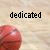 A basketball on a wooden court background with the word 'dedicated' in black text above it, where some letters are red.