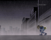 Animated sequence of a character in blue and green clothing running left to right across a cityscape background while throwing projectiles that cause debris to fly.