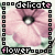identical pink flower icons with black dotted borders, each containing text labels above and below the flower