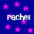 Blue background with scattered pink stars and repeated white text 'rachel' in pixelated font.