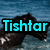 Pixelated image with cyan text 'Tishtar' over dark rock-like shape against blue gradient background.