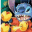 Pixelated static image of a blue cartoon character with large eyes and sharp teeth, surrounded by yellow and orange shapes on a dark background.