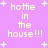 Pixelated text 'hottie in the house!!!' repeated four times on a purple background with white starbursts, no visible animation changes.
