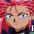 Pixelated anime-style character with red hair in various expressions and partial text overlays on a