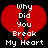 A static contact sheet of two identical pixel art frames showing a broken red heart with white text reading "why Did You Break My Heart" on black background.