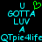 Pixelated cyan text and green heart symbol on black background, with repeated text elements and a signature at the bottom.