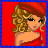 Pixelated image of a woman with curly blonde hair and red headband wearing red one-shoulder dress, holding red circular object.