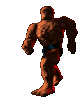 A muscular brown-skinned character in blue briefs performs a walking cycle animation against a gray background.