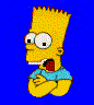 Bart Simpson avatar with yellow skin, spiky hair, blue shirt, arms crossed, mouth open showing teeth and red interior, against solid blue background.