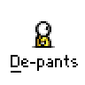 Animated contact sheet of a yellow stick figure character performing various poses with text "De-pants" below each frame on gray background.