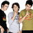 Three people stand side-by-side on a white background, with red pixelated text on green surrounding them