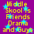 Purple background with yellow text reading "Middle Skool is Friends Drama and Guys" and light blue stars scattered throughout.
