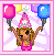 Pixel art icon of a girl with brown hair wearing a pink tiara, holding pink and blue balloons against a light purple background.