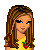 Pixel art contact sheet showing two frames of a female character with long brown hair wearing yellow top and black flared pants, plus red text reading 'cute' on white background.