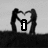 Black-and-white pixelated image of two figures forming a heart shape with arms, overlaid with text elements in four quadrants.