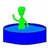 Green pixelated figure stands in blue circular pool on white background, pink text 'SWIM PRETTY' appears on bright blue right side.
