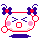 Pixelated character with white face, pink cheeks, red mouth outline, blue bow on head, and purple body parts in four variations.