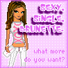 Pixel art buddy icon featuring a cartoon woman with long brown hair, blue eyes, and pink lipstick standing against a light purple dotted background with text overlays.