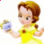 Belle from Beauty and the Beast holding a blue teacup, with pink symbols changing across frames on white background