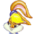 Pixelated static icon of a cartoon character with yellow body, blue accents, and golden-brown curved hair or headpiece on gray background.