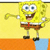 Yellow sponge character with large blue eyes, brown shorts, red tie, and black shoes stands against yellow background with orange floor and blue section.