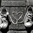Black-and-white pixelated image of a person holding a heart-shaped object with text "I LOVE YOU" and a small heart symbol.