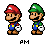 Pixel art of two video game characters standing side-by-side against a gray background, one in red cap and blue overalls holding a white object with black spots.