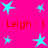 Bright pink background with cyan star shapes and red text reading "Leigh : ]" repeated across the image.