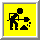Two pixelated frames show a black figure shoveling on a yellow background, with the second frame displaying a small cloud of pixelated particles near the shovel's tip.