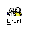 Animated contact sheet of 18 frames showing a pixel art buddy icon with two stick figures in yellow shirts, displaying sequential changes from neutral to drunk expressions and speech bubbles.