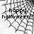 Black-and-white spiderweb background with 'happy halloween!!' text in pixelated font, displayed across multiple views showing partial web coverage.