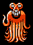 Four pixel-art characters on black backgrounds: orange octopus-like creature, blue-and-red crab, stick figure with glowing eyes, and gray bird in red cape.