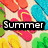 Pixelated beach scene with colorful flip-flops on sand, text overlays change from 'Summer' to ''08!''.