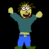 Pixelated character with green hair, wide eyes, and red mouth in teal sweater and blue pants raises arms against black background.