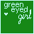 Green background with white pixelated text 'green eyed girl' and a small heart symbol in various positions across six