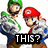 Two pixelated characters in green and red hats stand side-by-side with a black banner reading 'THIS?' below them.