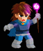 Pixelated character with brown hair and blue outfit holding a glowing purple staff, shown in multiple poses including standing, casting, and falling.