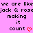 Pixelated text repeats across a pink background with red heart symbols, forming a wordwall of 'we are like jack & rosejack & rose making it count' in black and red.